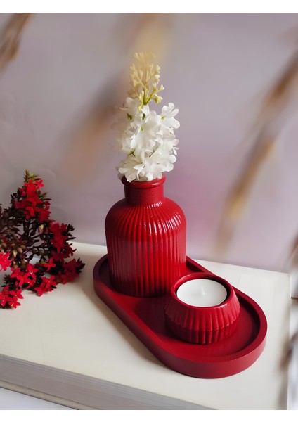 Vazo Seti Pampas Vazo Mumluk Dekoratif Tabak Biblo Seti 3 Parça Kırmızı Renk. fiyatları