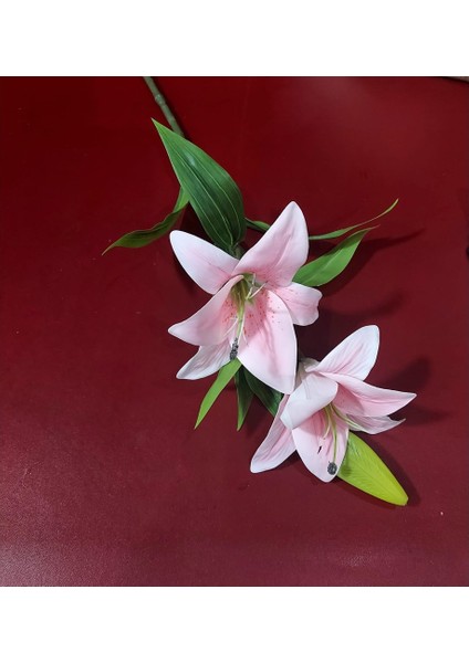Lilyum Dal Pink Yapay Çiçek 80CM Pembe Yeşil Yapraklı Pembe Dekoratif Tamamlayıcı Vazoluk 1 Adet