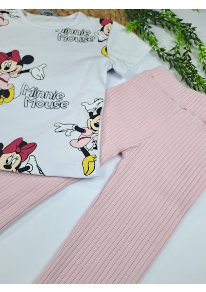 Baskılı Minnie Mouse Detaylı Kısa Kollu Flare Pantolonlu Kız Çocuk Takım