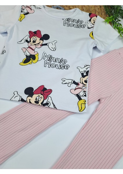 Baskılı Minnie Mouse Detaylı Kısa Kollu Flare Pantolonlu Kız Çocuk Takım