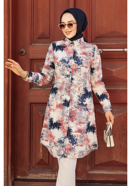 Desenli Lacivert Tesettür Tunik 11677L