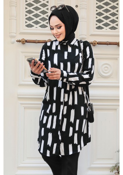 Desenli Siyah Tesettür Tunik 11683S