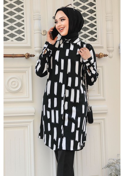 Desenli Siyah Tesettür Tunik 11683S