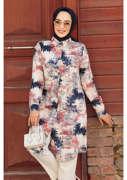 Desenli Lacivert Tesettür Tunik 11677L