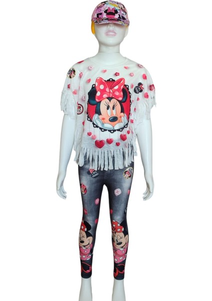 Siyah Beyaz Kız Çocuk Minnie Mouse Baskılı Şapka Aksesuarlı Panço Takım