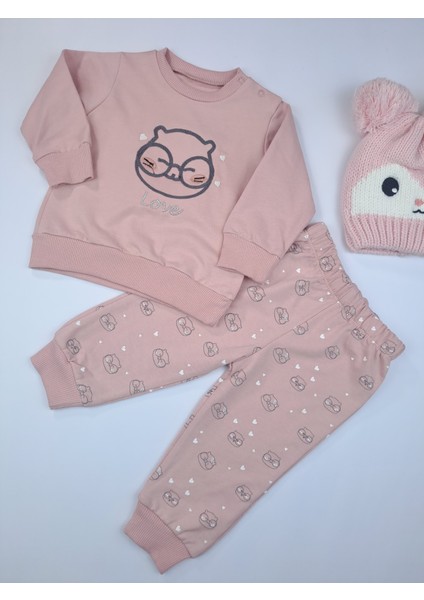 Kız Çocuk Premium Kalite Penye Ikili Pijama Gül Kurusu Renk Takımı Baykuş Işlemeli