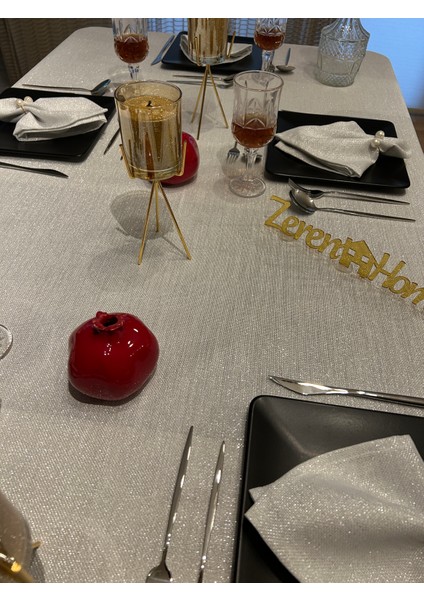 Simli Dertsiz Masa Örtüsü Gümüş + 12 Peçete modelleri