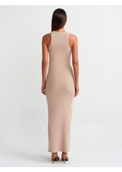 90805 Yıkama Efektli Midi Elbise-Bej fiyatları