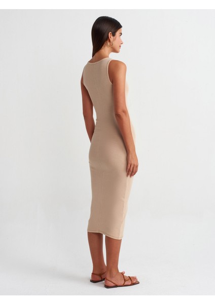 90891 Yıkama Efektli Kolsuz Uzun Elbise-Bej fiyatları