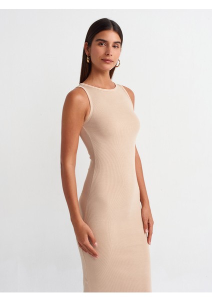 90891 Yıkama Efektli Kolsuz Uzun Elbise-Bej modelleri