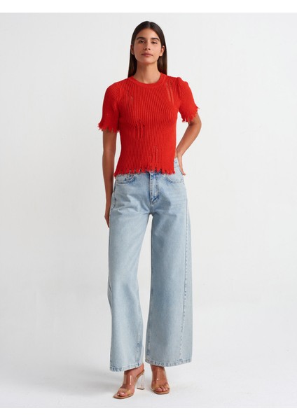10555 Bisiklet Yaka Yırtık Detaylı Triko Kazak-Kırmızı modelleri