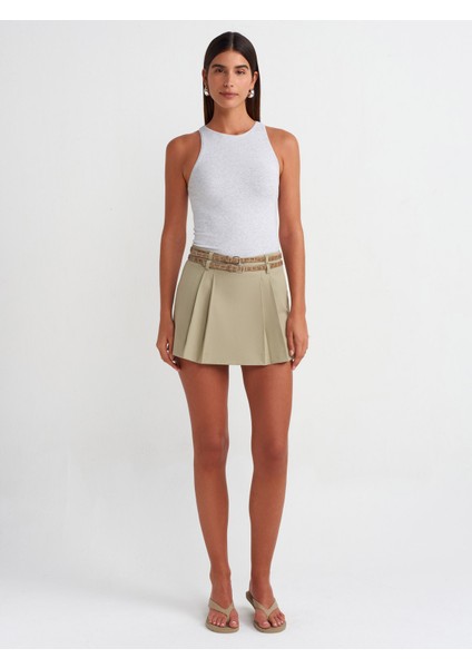 80834 Çift Kemerli Şort Etek-Yeşil