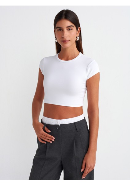 30936 Vücuda Oturan Crop Top-Beyaz