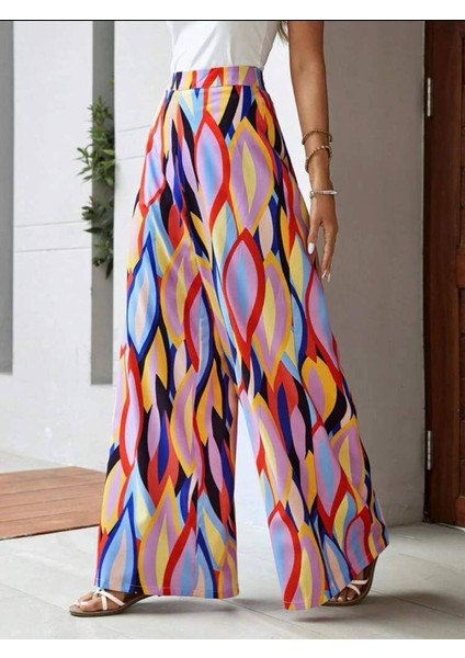 Kadın Geniş Paça Desenli Süprem Kumaş Pantolon (Renkli)