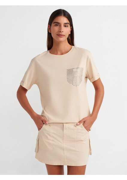 30828 Taşlı T-Shirt-Açık Bej