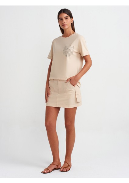 30828 Taşlı T-Shirt-Açık Bej modelleri