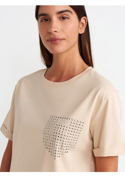 30828 Taşlı T-Shirt-Açık Bej fırsatları