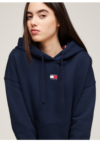 Kapüşon Yaka Düz Lacivert Kadın Sweatshırt Tjw Bxy Badge Hoodıe modelleri