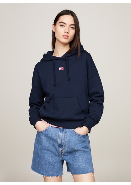 Tommy Jeans Kapüşon Yaka Düz Lacivert Kadın Sweatshırt Tjw Bxy Badge Hoodıe