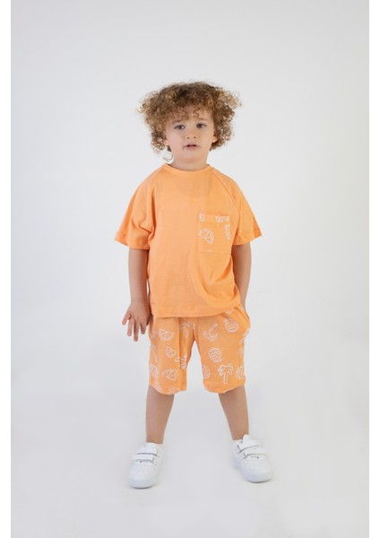 Erkek Çocuk Palmiye Baskılı Turuncu Renk Kısa Kollu Şortlu Alt Üst Takım fiyatları