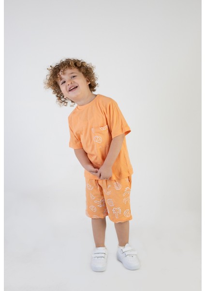 Erkek Çocuk Palmiye Baskılı Turuncu Renk Kısa Kollu Şortlu Alt Üst Takım modelleri