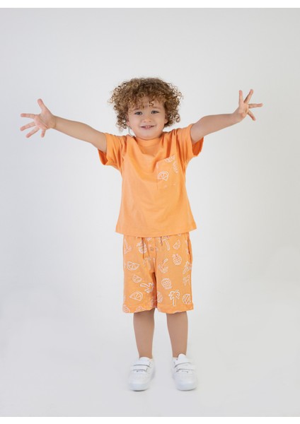 Erkek Çocuk Palmiye Baskılı Turuncu Renk Kısa Kollu Şortlu Alt Üst Takım fırsatları