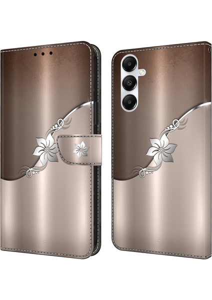 Samsung Galaxy A55 5g Cep Telefonu Kılıfı Baskılı 3D Desen Standlı Deri Kapak-Gümüş Çiçek (Yurt Dışından)