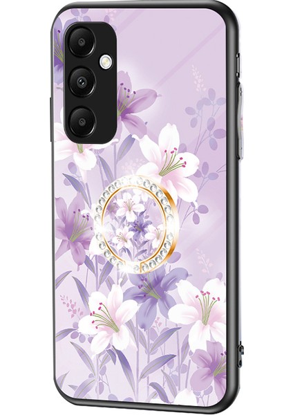 Samsung Galaxy A55 5g Kickstand Kılıf Çiçek Desenli Temperli Cam Kapak-Mor Manolya (Yurt Dışından)