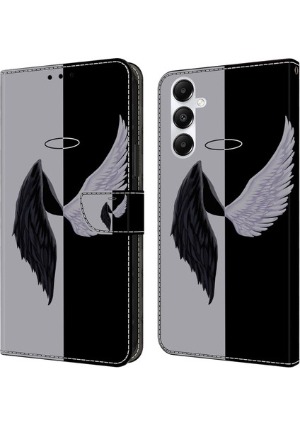Samsung Galaxy A55 5g Cep Telefonu Kılıfı Baskılı 3D Desen Standlı Deri Kılıf-Siyah/beyaz Kanatlar (Yurt Dışından)