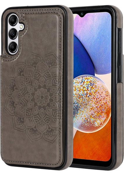 Samsung Galaxy A15 5g Manyetik Telefon Kılıfı Baskılı Mandala Çiçek Kart Yuvaları Kapak-Gri (Yurt Dışından)
