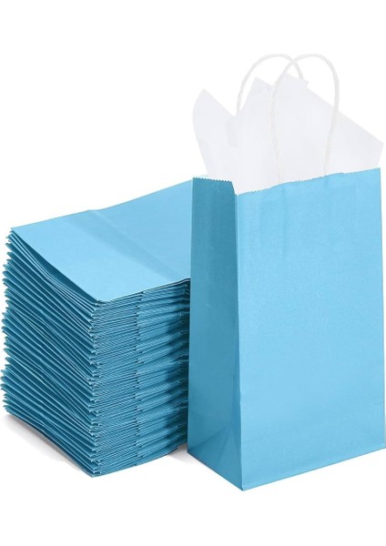 Büküm Saplı Kraft Kağıt Çanta Karton Hediyelik Poşet Torba - Mavi - 18X24 Cm. -25 Adetlik 4 Paket