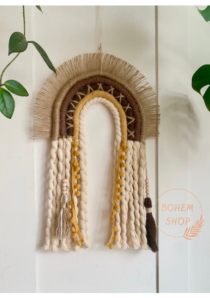 Etnik Bohem Gökkuşağı Hasır Püsküllü Boho Duvar Dekoru, Süsü Hardal