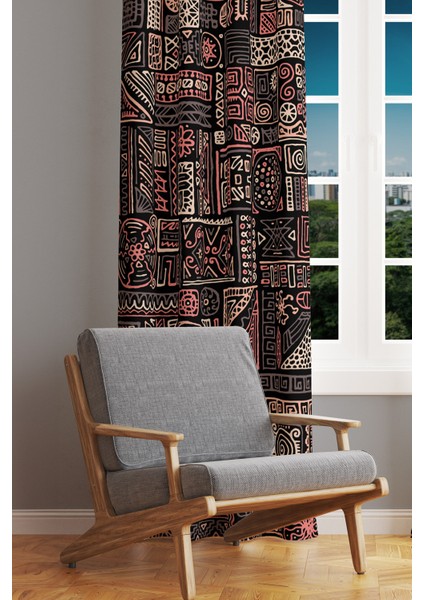 Hitit Figure 1 Desenli Süet Oturma Odası Salon Fon Perde Baskılı Ekstrafor Büzgü Tek Kanat PRD-1013