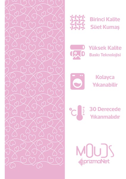 Pembe Kalpler Desenli Süet Oturma Odası Salon Fon Perde Baskılı Ekstrafor Büzgü Tek Kanat PRD-1045
