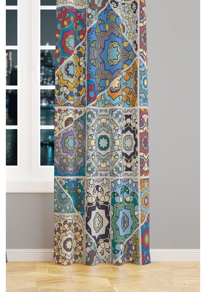 Mosque Tiles 4 Desenli Süet Oturma Odası Salon Fon Perde Baskılı Ekstrafor Büzgü Tek Kanat PRD-1087