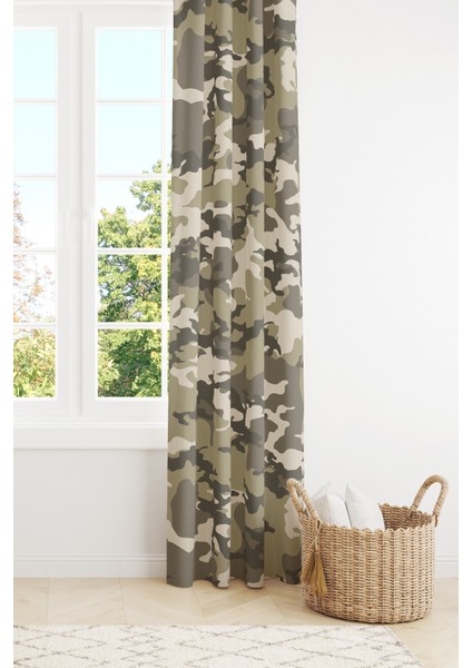 Yeşil Kamuflaj Desenli Süet Oturma Odası Salon Fon Perde Baskılı Ekstrafor Büzgü Tek Kanat PRD-1089