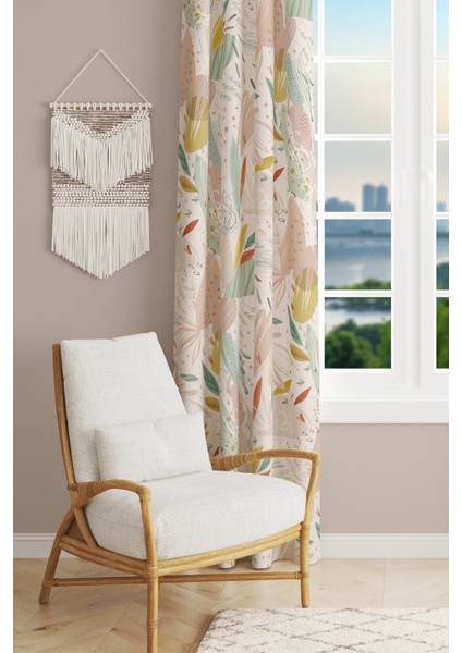 Xero Floral 2 Desenli Süet Oturma Odası Salon Fon Perde Baskılı Ekstrafor Büzgü Tek Kanat PRD-1080