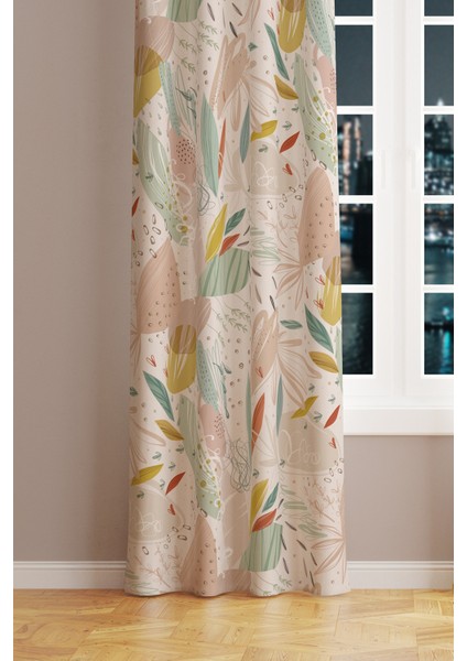 Xero Floral 2 Desenli Süet Oturma Odası Salon Fon Perde Baskılı Ekstrafor Büzgü Tek Kanat PRD-1080