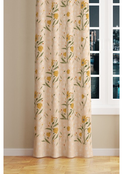 Camomile Papatya Desenli Süet Oturma Odası Salon Fon Perde Baskılı Ekstrafor Büzgü Tek Kanat