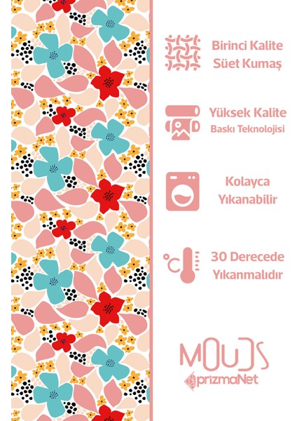 Canlı Renkli Çiçekler Desenli Süet Oturma Odası Salon Fon Perde Ekstrafor Büzgü Tek Kanat PRD-1033
