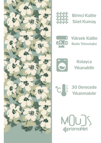Green Flower 1 Desenli Süet Oturma Odası Salon Fon Perde Baskılı Ekstrafor Büzgü Tek Kanat PRD-1037