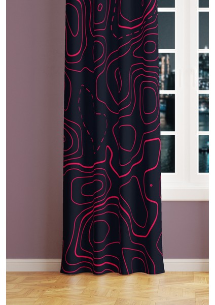 Wave Fuchsia Desenli Süet Oturma Odası Salon Fon Perde Ekstrafor Büzgü Tek Kanat PRD-1097