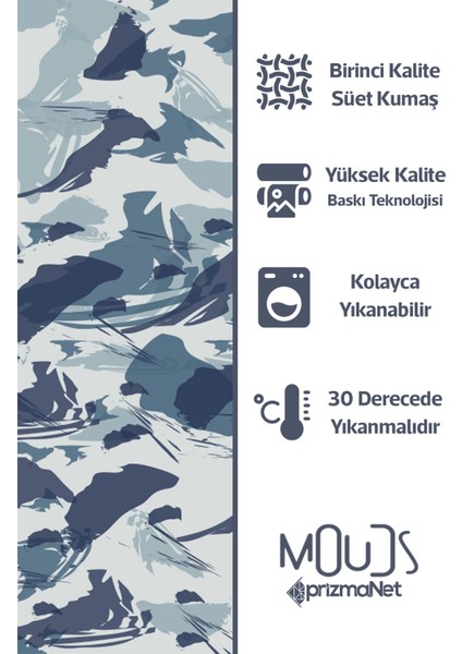 Mavi Kamuflaj Desenli Süet Oturma Odası Salon Fon Perde Baskılı Ekstrafor Büzgü Tek Kanat PRD-1083