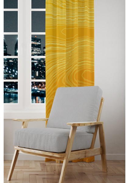 Yellow Wave Stile Desenli Süet Oturma Odası Salon Fon Perde Baskılı Ekstrafor Büzgü Tek Kanat
