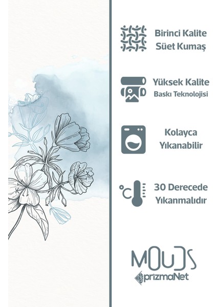 Mavi Çizgi Çiçek Desenli Süet Oturma Odası Salon Fon Perde Baskılı Ekstrafor Büzgü Tek Kanat