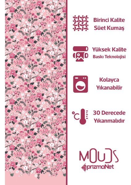 Pembe Çiçek Desenli Süet Oturma Odası Salon Fon Perde Baskılı Ekstrafor Büzgü Tek Kanat PRD-1022