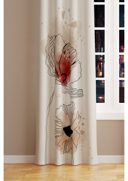 Art Flora Desenli Süet Oturma Odası Salon Fon Perde Baskılı Ekstrafor Büzgü Tek Kanat PRD-1029