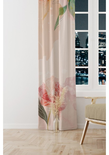 Flower Art Desenli Süet Oturma Odası Salon Fon Perde Baskılı Ekstrafor Büzgü Tek Kanat PRD-1030