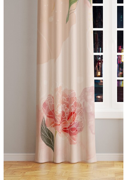 Flower Art Desenli Süet Oturma Odası Salon Fon Perde Baskılı Ekstrafor Büzgü Tek Kanat PRD-1030