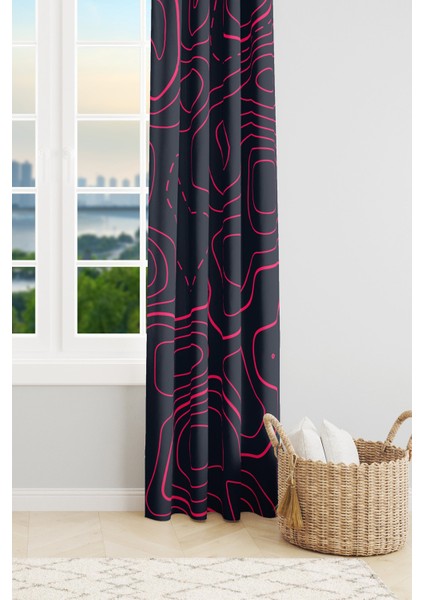 Wave Fuchsia Desenli Süet Oturma Odası Salon Fon Perde Ekstrafor Büzgü Tek Kanat PRD-1097